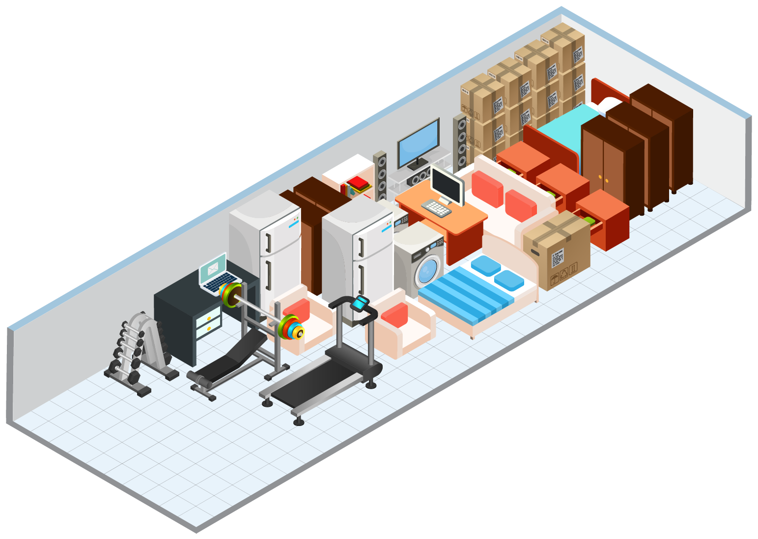 extra-car Storage unit with gym and household items.