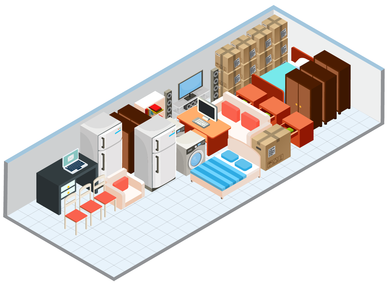 full-size-car Storage room with furniture and boxes.