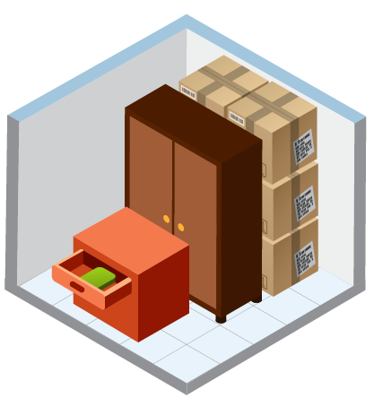 l-au-1 Storage room with furniture and stacked boxes.