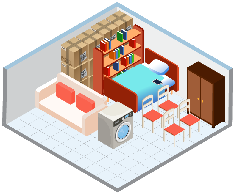 l-au-3 Small room with furniture and storage boxes.