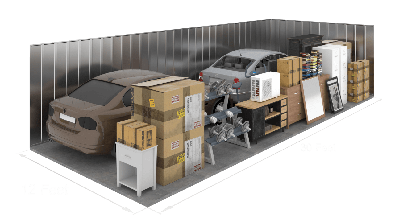 ra-5 Storage unit with cars and various items.