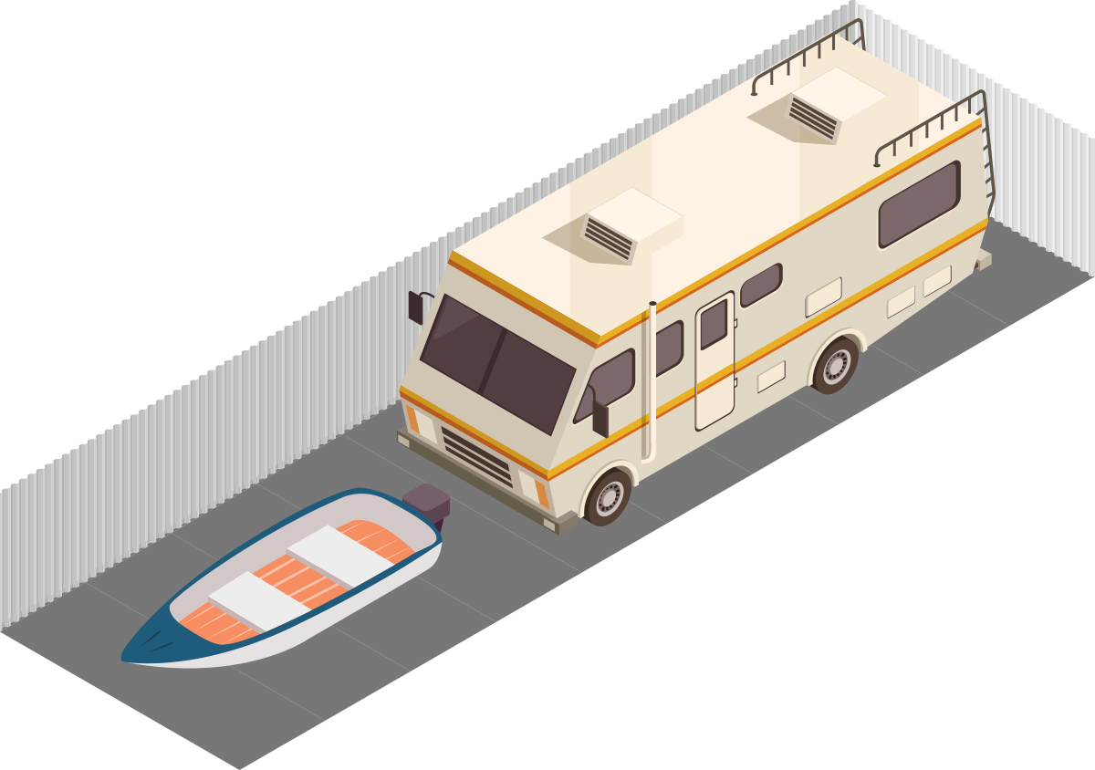 ra-6 RV and boat parked in fenced area.
